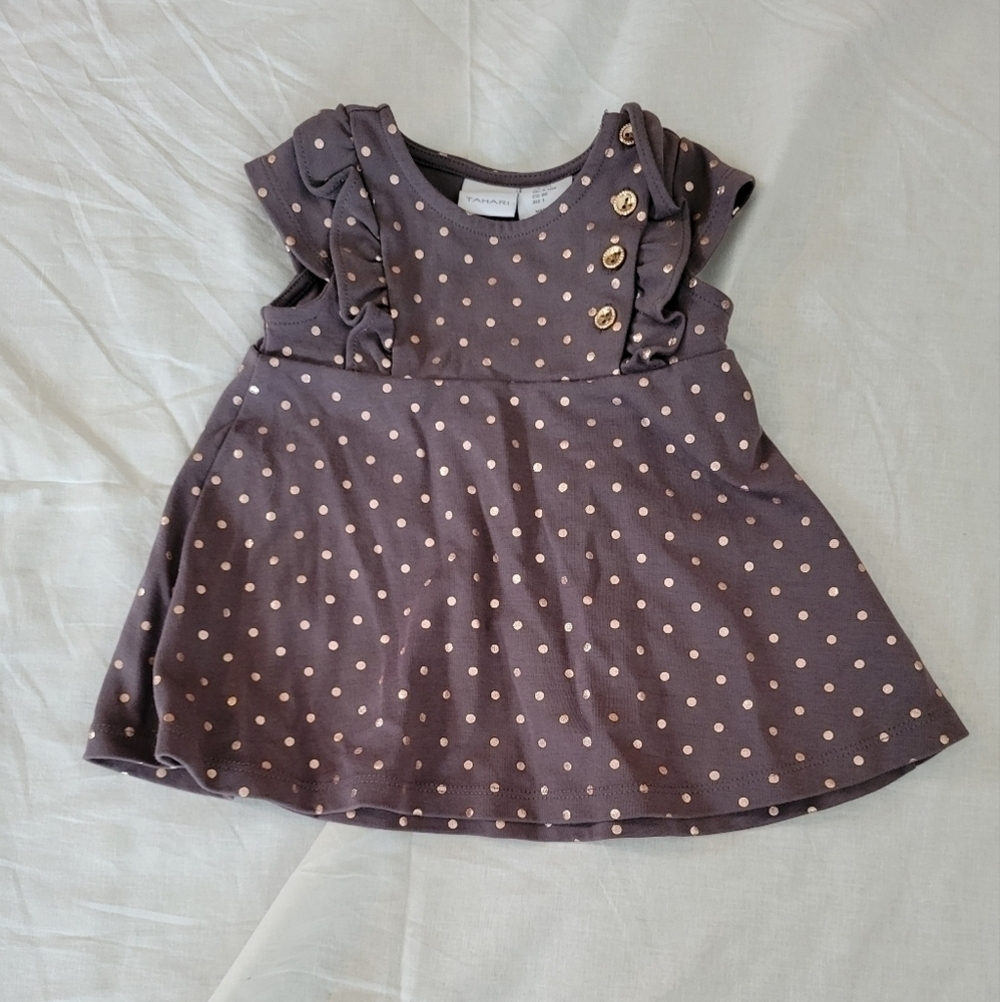 Tahari grey/brown gold polkadot sleeveless flutter dress 12m